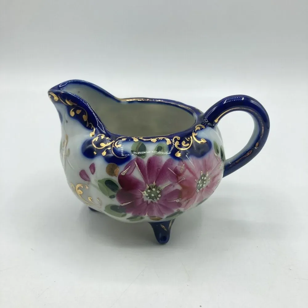 Antique Nippon Flow Blue Floral Creamer & Lidded Sugar Bowl Set Melon Gold Gilt